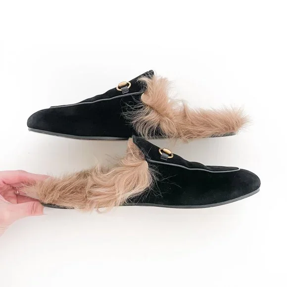 Gucci Princetown Fur Slipper EU 40 US 10 Black Velvet Horsebit Mule Loafer Flat - Picture 9 of 11